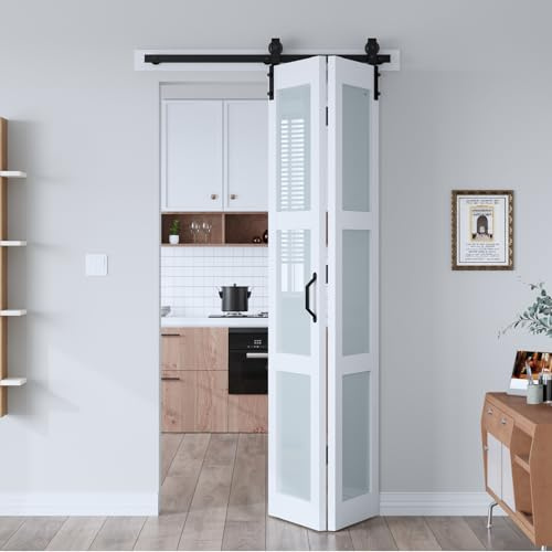 EaseLife Puerta de granero plegable de 42 x 84 pulgadas (doble de 21 x 84 pulgadas), puerta corredera plegable con kit de herramientas, losa de madera MDF maciza cubierta con superficie de PVC
