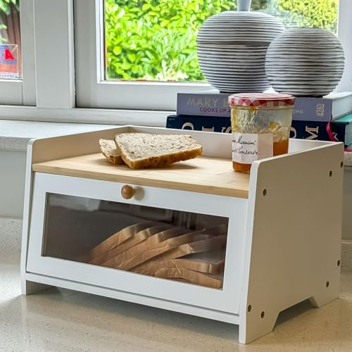 Maison Des Cadeaux Two Tone Bamboo Wood Bread Bin Food Storage Kitchen Countertop with Top Shelf