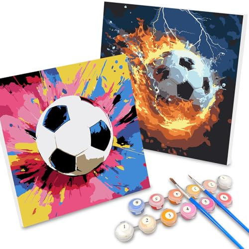 SUNXBUK Peinture Numéro Football 2 Pcs,Bricolage Peinture Numero avec Cadre,Peinture Numéros Enfant Adulte,Kit de Peinture Football avec Pinceau,Convient Aux Débutants et Aux Adultes,20 * 20 cm