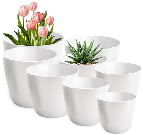PECZEKO Blumentopf matt, 8er-Set blumenkübel, 9,5/12/14/16/18/20/25/30 cm Pflanzkübel aus Übertopf Kunststoff Topf für, groß und klein Pflanzen, 8er-Set blumenkübel kräutertopf, Weiß
