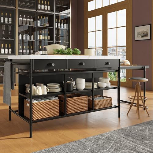 Islas de cocina, losa de mármol artificial extensible industrial con 3 cajones, muebles de cocina y comedor, isla de cocina, estante de cocina, aparador, encimera de MDF, estante de cocina