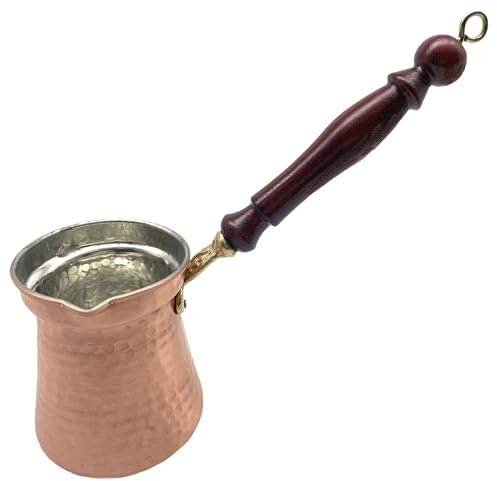 Generisch Cezvex-Hermes-handgemachte, gravierte türkische Kaffeekanne- Mokkakanne, Cezve aus Kupfer mit Holzgriff bis zu 6 türkische-Tassen