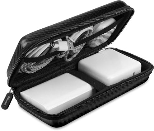 iMangoo Shockproof Travel Essentials Organizer Charger Case, Space-Optimized Zipper Electronics Accessories Pouch Tech Cord Cable Adapter Power Bank Storage for Women Men, 8.5x4.5x2 in (Fiber Black)