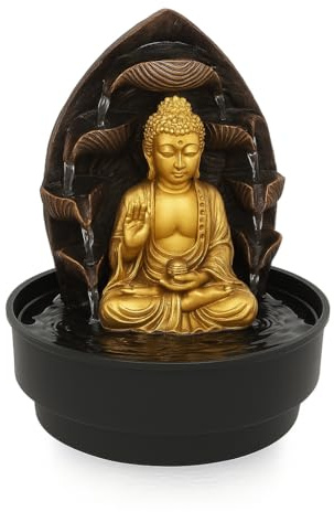Fontana decorativa Buddha Zen con cascata, statua dorata, base nera, 21,5 x 21,5 x 29 cm