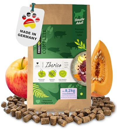 FAVLY Iberico Trockenfutter für Hunde 5kg, kaltgepresst & glutenfrei | Freiland-Iberico als Monoprotein für Allergiker, mit Kürbis, Hanföl & Apfel, quillt nicht auf, ohne Zusätze