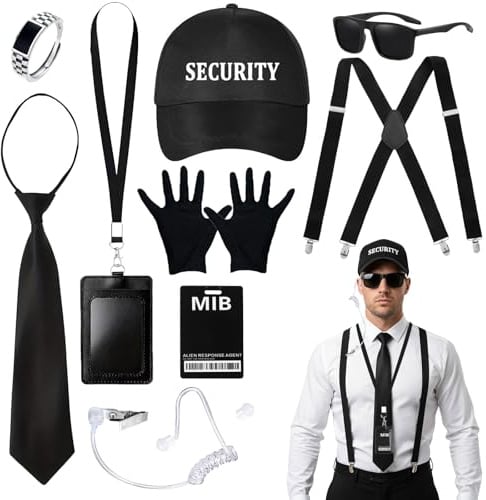 9 Stück Agent Kostüm Zubehör Men In Black Geheimdienst Verkleidung Kostüm SECURITY Mütze Schwarze Krawatte Sonnenbrille Spionage Ring Kartenetui, Security Kostüm für Karneval Halloween Rollenspiele