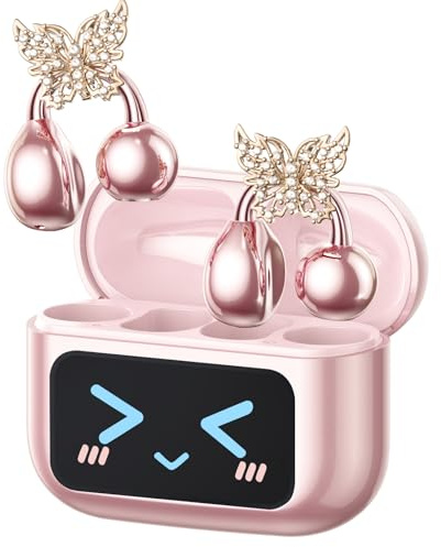 Clip On Schmuck Kopfhörer Open Ear Kopfhörer Kabellos Bluetooth 5.4 mit Intelligentem Touchscreen 4.1g Leichtgewicht Kopfhörer Sport, 60 Std Wireless Earbuds, M100 Schmetterling Ohrring Rosa