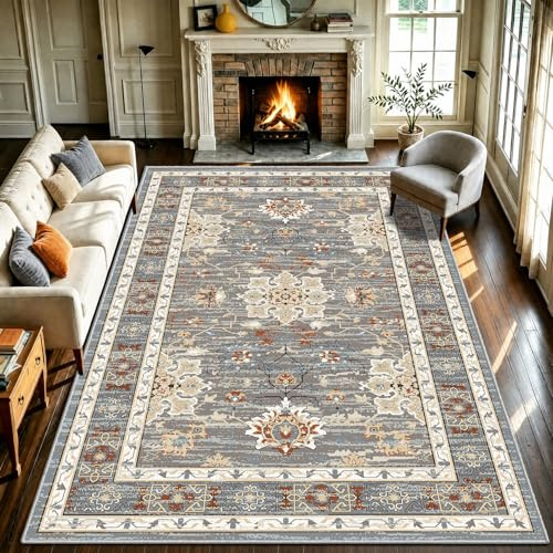 WUTONG Teppich 180x250cm Modern Vintage Wohnzimmer,Grau-Blau Kurzflor Weich | Klassischem Charme,Teppich Waschbar, Rutschfest mit TPR-Rücken,Faux Cashmere für Esszimmer & Lounge