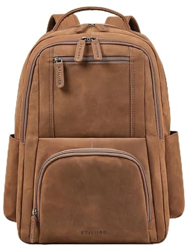 STILORD Evan Großer Business Rucksack Herren Leder Laptoprucksack 15.6-16 Zoll | Vintage Lederrucksack Männer Echtleder Arbeitsrucksack mit vielen Fächern, aufsteckbar Farbe:tan - dunkelbraun