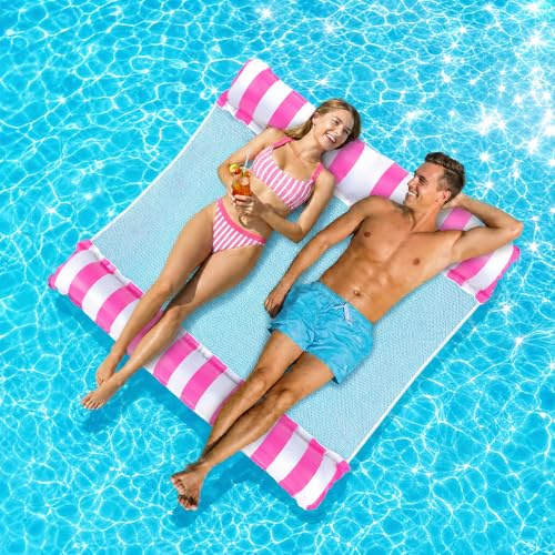 Bouee Piscine Adulte, Matelas Hamac Gonflable Piscine pour 2 Personnes | 132x130cm 4-in-1 Matelas Filet Hamac de Piscine Accessoire pour Plage Vacances Partie