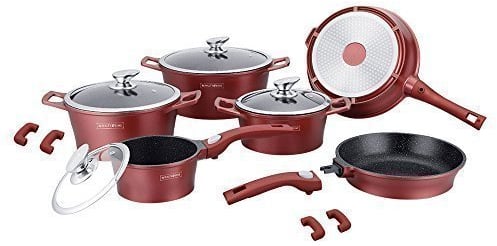 ROYALTY LINE Set aus 14 Töpfen und Pfannen aus Stein, Modell RL-ES2014M - Rot Bordeaux, Pfannen mit Schnellverschluss