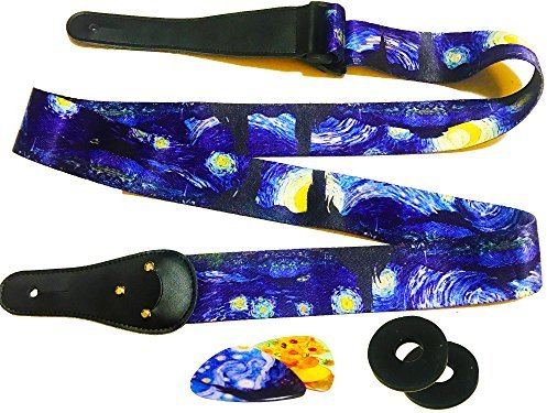 Art Tribute Van Gogh Sternennacht GitarrenGurt Set inklusive 2 Gurten & 2 passenden Plektren. Verstellbarer Polyester Gitarren Gurt – Geeignet für Bass, Elektrische & Westerngitarre.