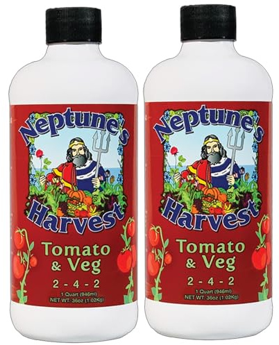Neptune’s Harvest Organic Tomato & Vegetable Plant Fertilizer (2-4-2) - Liquid Plant Food w/Fresh Fish, Seaweed, Molasses, Yucca Extract, & Humic Acids - for Vegetable Garden (Quart (2 Pack))