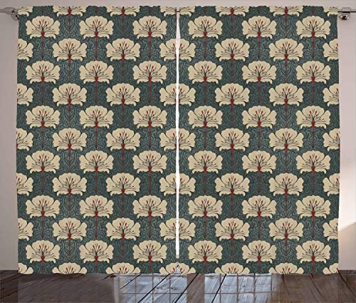 ABAKUHAUS Floral Rustikaler Gardine, Art Nouveau Mohnblumen, Schlafzimmer Kräuselband Vorhang mit Schlaufen und Haken, 280 x 225 cm, Grau Tan