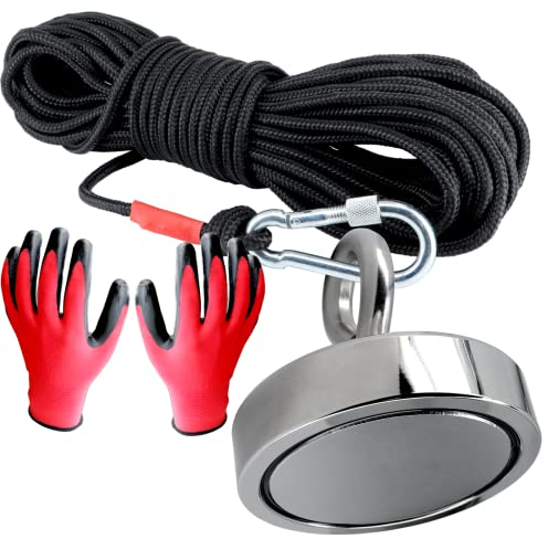 Bergemagnet Mit Seil 20 Meter - 75mm Ösenmagnet Mit M8 Gewinde - 200 KG Neodym Magnete 75 mm Durchmesser mit Öse - Topfmagnet Flachgreifer - Magnet Super Stark Power Magnete zum Fischen Sondeln Angeln
