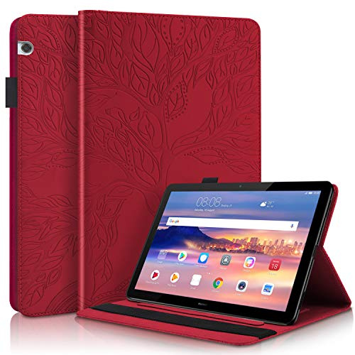 Succtop Coque Huawei Tablette T5 10 Housse Cuir PU Flip Stand Portefeuille Tablette Etui Protection avec avec Porte-Stylo Fonction de pour Huawei Mediapad T5 10.1 Pouces 2018 Rouge