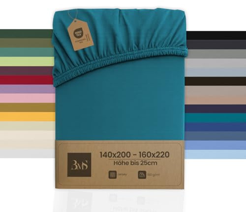 Bettwaesche-mit-Stil Jersey Spannbettlaken (Petrolblau, 140x200 cm - 160x220 cm, Matratzenhöhe bis 25cm) viele Farben & Größen