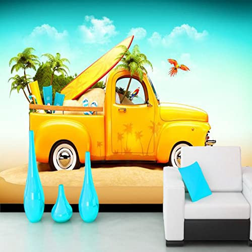 Frtmsticker Fototapete 3D Effekt Yellow Beach Car Tapete Modern Vlies Hintergrundbild Fotografie Wandbilder Riesiges Bild Wohnzimmer Schlafzimmer Kinderzimmer Dekoration 400X280Cm