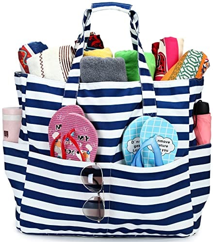 LEDAOU Große Strandtasche Damen Umhängetasche Handtasche wasserdicht sanddicht mit Reißverschluss Strandtasche für Pool Fitnessstudio Reisen mit Nasstasche (Blauer weißer Streifen)