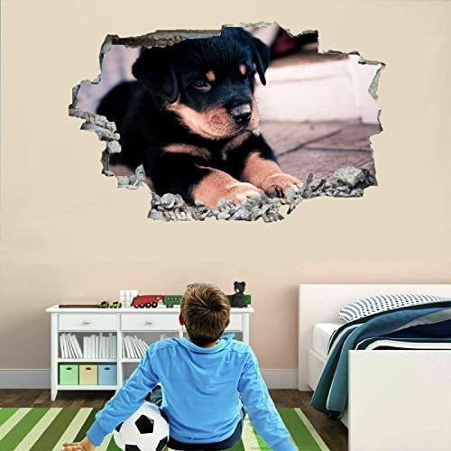 Hund 3D Wanddurchbruch Wandtattoo Tier Mädchen Wandaufkleber Modern Junge Wandsticker Wanddeko Selbstklebend Vinyl Wandbild für Wohnzimmer Schlafzimmer Flur Kühlschrank