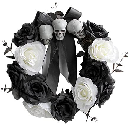 Fofetbfo 35 cm Artificial Halloween Wreath, Black and White Rose Wreath with Skull, Front Door Wreath for Home Wall Halloween Party Decorations