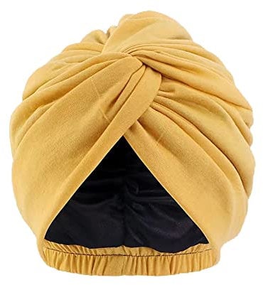 Pluto & Fox Beanie aus Stoff, Turban-Kopfbedeckung mit Gummiband, für Damen, zum Schlafen, Krebs, Chemotherapie, Chemo, Onkologie, Nacht, Haarausfall, gelb, 56/58 cm