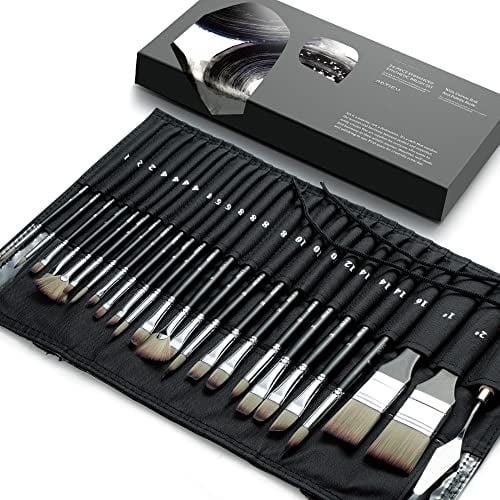 ARTIFY 25 Pieces Paint Brush Set, Expert Series, Enhanced Synthetic Brush Set with Cloth Roll and Palette Knife for Acrylic, Oil, Watercolor and Gouache (Black)