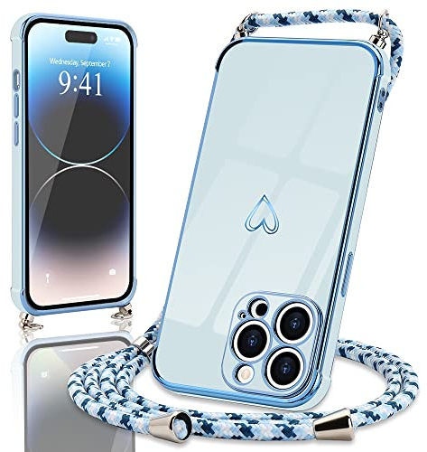 Micoden Handykette kompatibel mit iPhone 14 Pro hülle Ultra dünn Kameraschutz Herz Love Design Galvanik Silikon Bumper Kordel zum Umhängen Handyhülle mit Band Schutzhülle,Blau