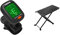 CASCHA Stimmgerät für Gitarre, Ukulele, Bass, Geige, Digital Stimmer, Clip-on Guitar Tuner, Schwarz & Adam Hall Stands SGS017 Gitarrenfußbank, Schwarz