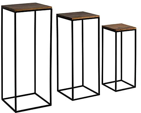 FineBuy Beistelltisch 3er Set Sheesham Massivholz/Metall Satztisch Quadratisch, Säulentisch Pflanzentisch 3-teilig, Blumenständer Blumentisch Wohnzimmer, Pflanzenhocker Blumenhocker