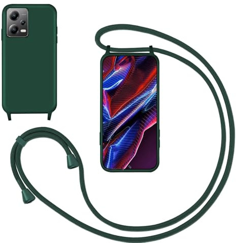 Coque pour Xiaomi Poco X5 /Xiaomi Redmi Note 12 5G avec Cordon,Souple Silicone Housse avec Bandoulière en Nylon, Réglable Lanyard Case Protection Complète Cover Etui Antichoc Protection,Vert