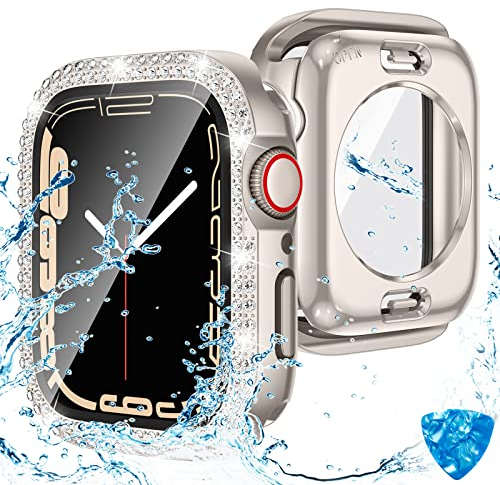 Kamita Wasserdicht Diamant Hülle für Apple Watch Series 9/Series 8/Series 7 41mm, Hart PC Bumper Case mit Hartglas Displayschutzfolie, 360° Vollschutz Schutzhülle für iWatch9/iWatch8 (Sternenlicht)