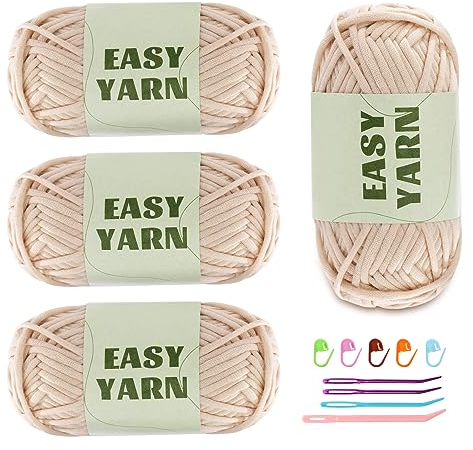 4 X 50g Häkelgarn Wolle zum Häkeln Dickes Garn Häkelwolle Easy Yarn Häkelgarn Chenille Wolle zum Häkeln gut Sichtbare Maschen, Dicke Wolle zum Häkeln Dickes Baumwoll-Nylon-Beige mit Häkelzubehör