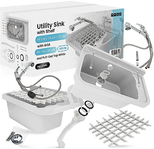 Lavabo de Cámara | Fregadero Industrial 50x34x21 cm Blanco con Estante Parrilla 36x30 cm Batidora Rociador Extraíble Profunda Lavadero Exterior Lavamanos Jardín Garaje Lavandería Baños