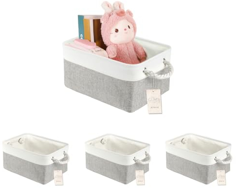 JUNLAI 4 Stück Aufbewahrungskorb Stoff mit Griffen, Faltbare Aufbewahrungsboxen, Kleiderschrank Aufbewahrungskörbe für Büro & Haus, Buch, Kleidung, Spielzeug (Grau Weiß, Mittel)