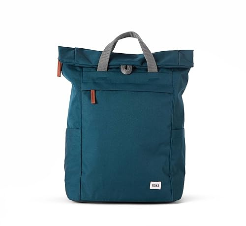 ROKA London Finchley A Large Recycled Canvas (Teal) | Large roll top rucksack with spacious storage, padded laptop sleeve, side bottle pockets, secret pocket and adjustable straps