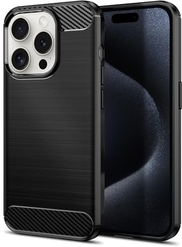 Qiinogow Case Compatible with iPhone 15 Pro, Slim Fit Phone Cover with Shock-Absorption, Carbon Fiber TPU Rubber Protective Case, Black