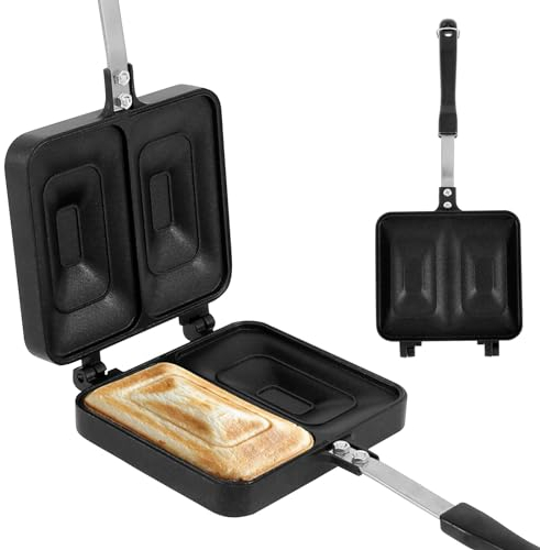 Camping Toastie Maker Press Sandwich Toaster Double Side Bread Frying Pan with 2 Compartment Non Stick Stovetop Sandwich Maker Grilled Cheese Maker with Handle for Home Kitchen Gas Stove