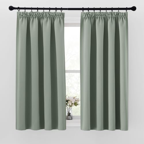 PONY DANCE Verdunkelungsvorhang Kräuselband 2er Set H 160 x B 140 cm Wohnzimmer Gardinen für Schienen Blickdichte Vorhänge Hitzeschutz & Wärmeisolierend Thermogardine, Salbeigrün