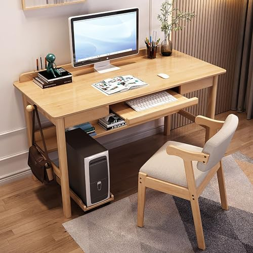 NCLOYN Solid Wood Office Desk with Keyboard Tray, Writing Desk with Drawers and Bookshelf,Modern Home Office Desk Study Writing PC Table Workstation for Small Spaces(90x60x75cm(35x24x30inch), Wood)