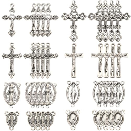 SUNNYCLUE 1 Box 80 Stück 8 Stile Rosenkranz Kreuz Charms Silber Kruzifix Charms Vintage Tibetischer Stil Ostern Legierung Ovale Anschlüsse Kronleuchter Verbindungsanhänger Für Die Schmuckherstellung C