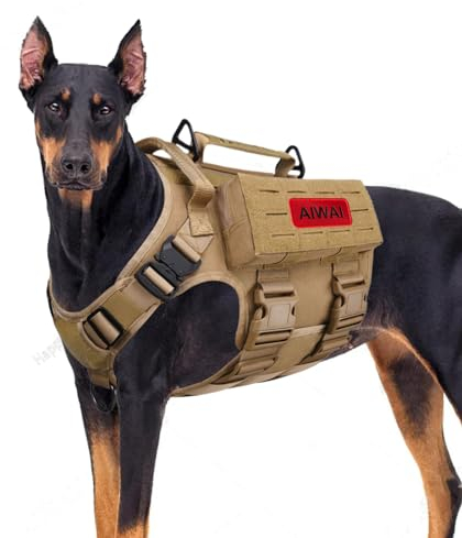 AIWAI Tactical Hundegeschirr mit Griff für große Hunde, 2X Metallschnalle, Hund MOLLE Weste mit Taschen, Kein Zug Verstellbare Easy Control Hundeweste Geschirr für Working Training (Khaki, L)