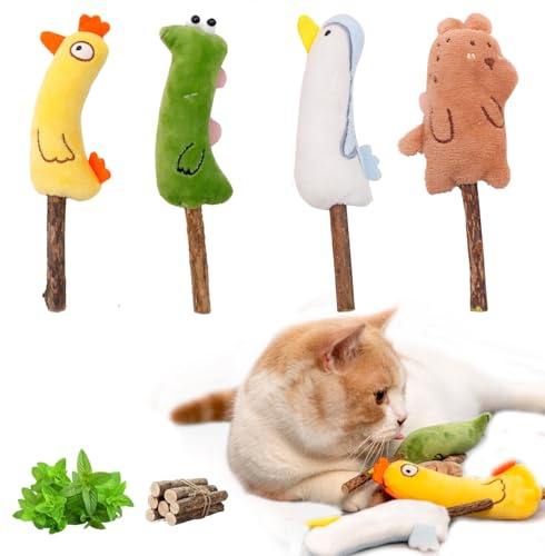 Petelligent 4-Pack Catnip Plush Toys with Silvervine Stick Cat Chew Toys with Various Cute Animal Styles for Indoor Cats