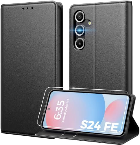 Peakally Coque pour Samsung Galaxy S24 FE, [ Verre Trempé Protection], [ Blocage du Signal RFID ] [ Premium PU ] [ Pochette de Portefeuille ] Etui à Rabat pour Samsung S24 FE,Noir