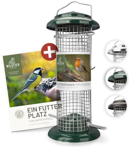 wildtier liebe Vogelfutterspender 23,5cm, Grün - Erdnussfutterspender aus rostfreiem Metall, Vogel Futterstation, Futtersäule, Nüsse Erdnüsse, Wildvögel Futtersilo
