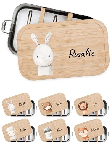 Bärenfreunde® - Personalisierte Brotdose für Kinder mit Spezial-Druck - Robuste Edelstahl Brotdose - Personalisierte Geschenke für Kinder & Erwachsene (Hase,GROSS Edelstahl)