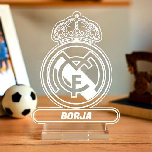 Transparent Gift Placa Personalizada Fútbol Escudo del Real Madrid con Nombre. Placas de Metacrilato con Base. Regalos Originales Amigos, Familia o Pareja en Cumpleaños. Regalos para Hombres y Mujeres