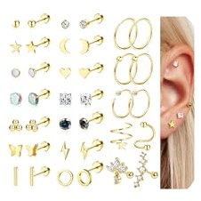 CASSIECA 38Pcs Helix Piercings Ohrringe Piercing Set Chirurgenstahl für Damen CZ Blume Ohr Piercing Hypoallergene Ohrstecker Gold Silber Knorpel Conch Tragus Mehrfach Piercing Ohr Schmuck