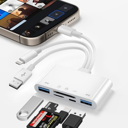 GlasFlength Lector de Tarjetas 5 en 1, Lector Tarjetas SD para iPhone Android Multitarjeta USB C+Lightning Card Reader Adaptador de Tarjeta de Memoria soporta SD/Micro SD SDHC SDXC (Blanco)