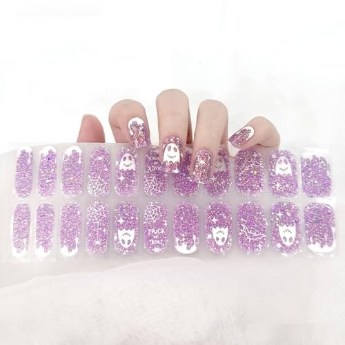 Ceboic 22Pcs Halloween Gel Nail Stickers, Purple Glitter Self-Adhesive Semi Cured Gel Nails Strips with Ghost & Bat Design, Glow in The Dark Full Wraps Nail Polish Stickers, UV/LED Lamp Required